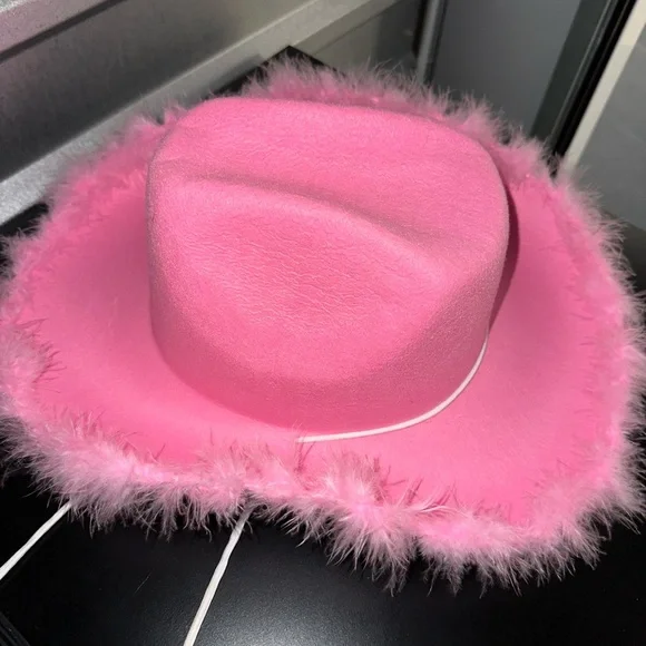 Pink Cowboy Hat with Feather Trim - Picture 2 of 4